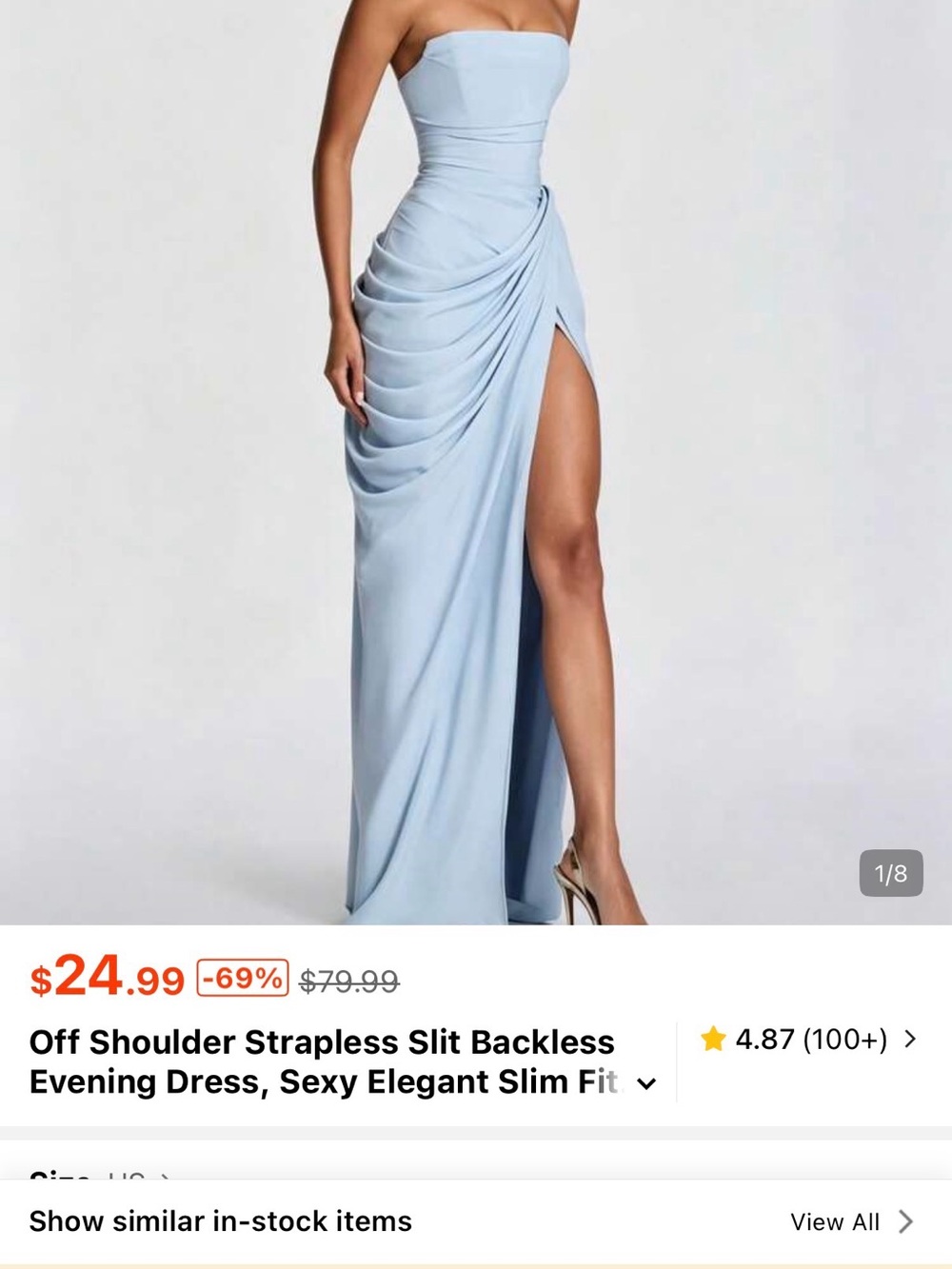 SHEIN Light Blue Strapless Draped Gown with High Slit